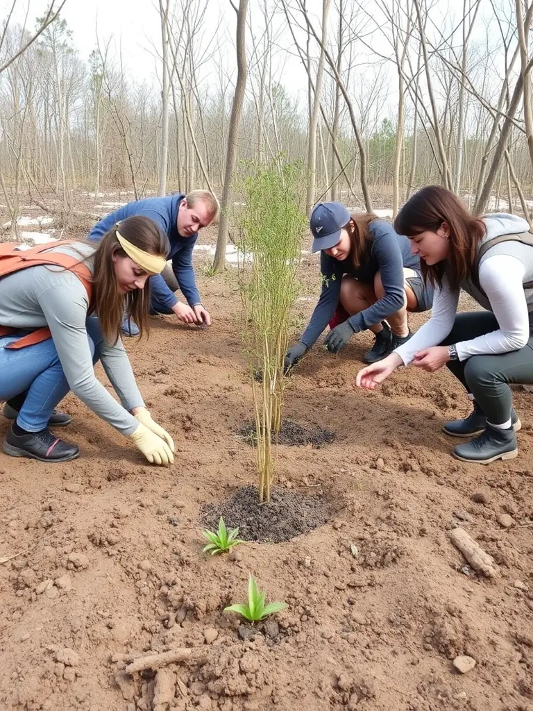 An image of volunteers planting trees and restoring a degraded habitat, illustrating the organization's commitment to habitat preservation and biodiversity.