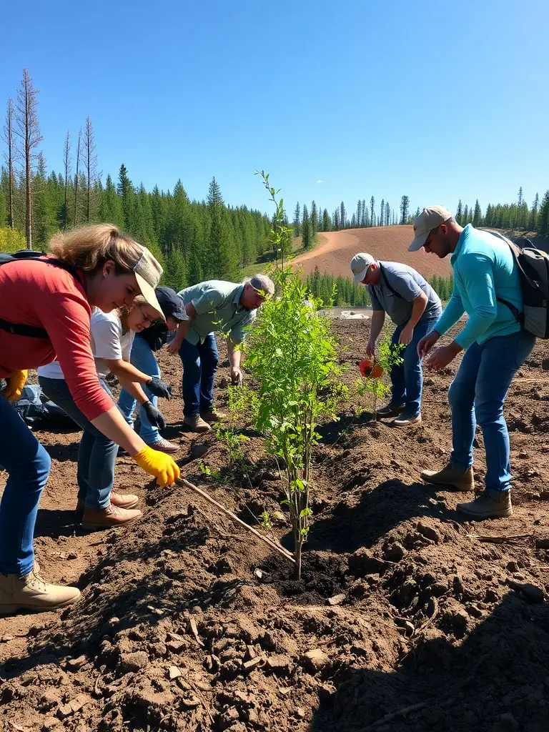 A photo of volunteers planting trees in a deforested area, illustrating habitat restoration efforts.