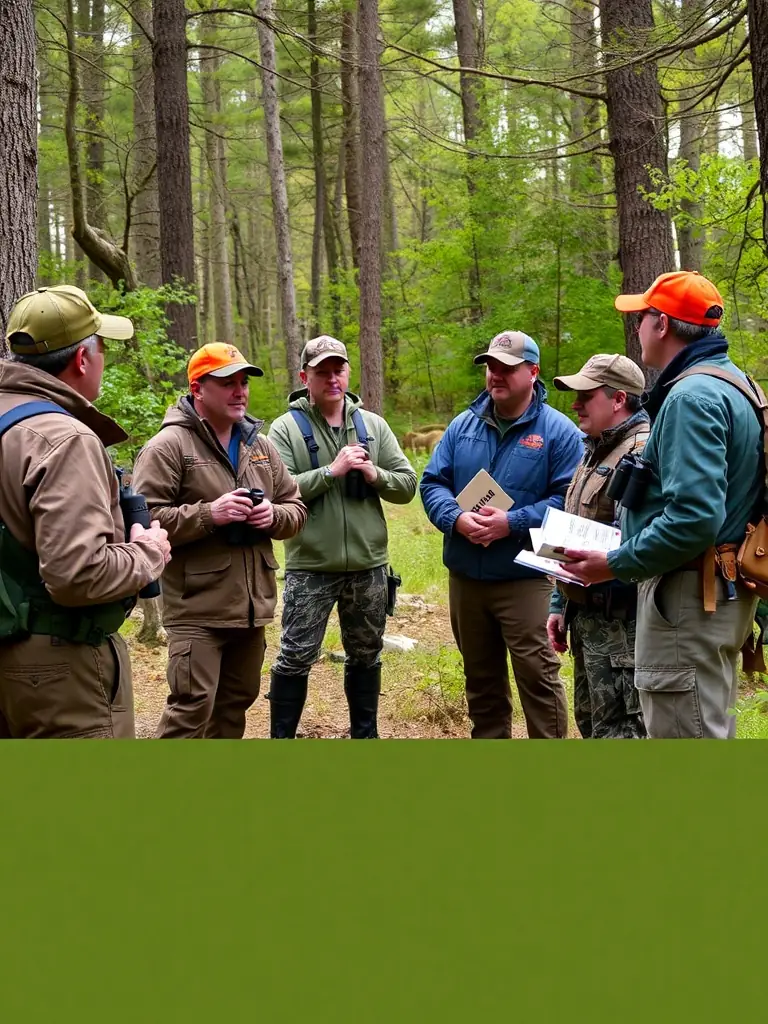 A group of hunters participating in a training session on responsible hunting practices and wildlife identification.