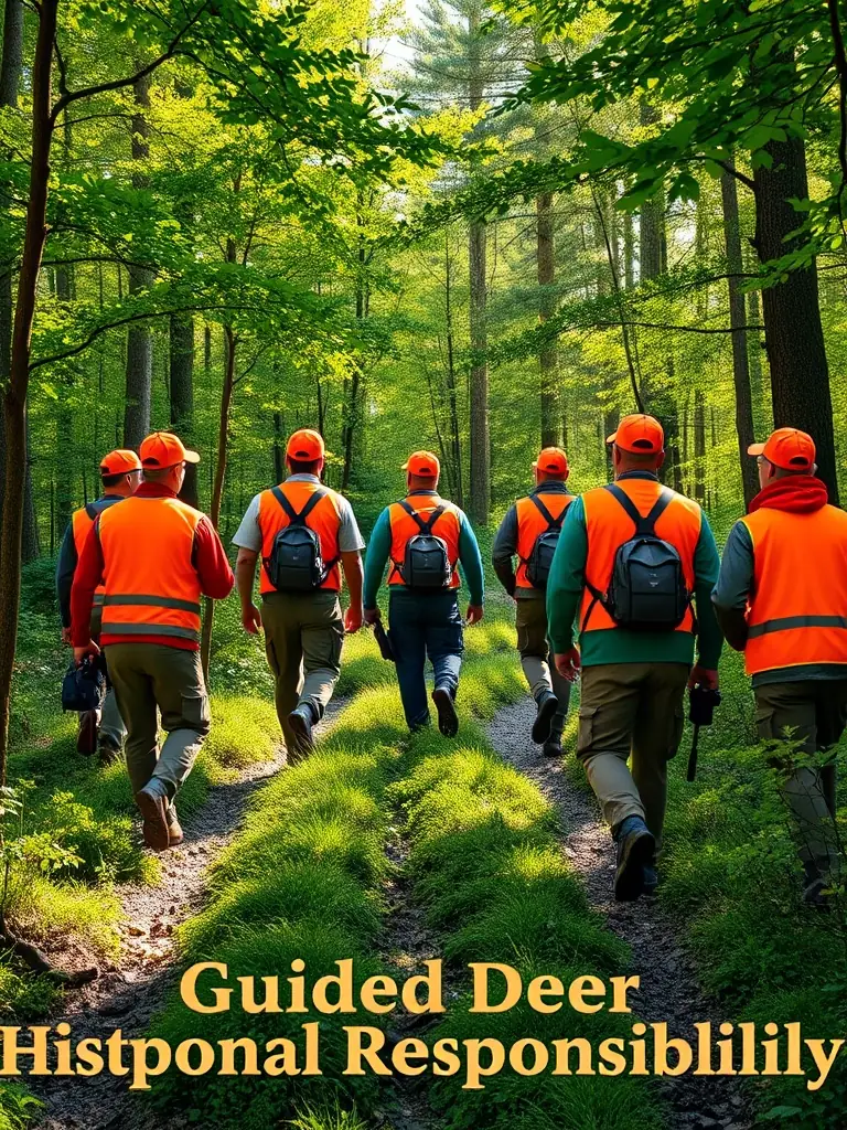 A photograph depicting a group of hunters participating in a controlled hunt, wearing appropriate safety gear and respecting the natural environment, showcasing responsible hunting practices.