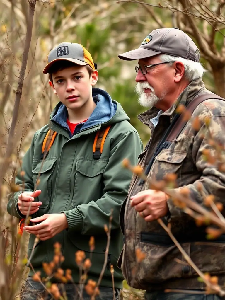 A photo of a workshop where experienced hunters are teaching young members about wildlife identification, ethical hunting practices, and conservation principles.